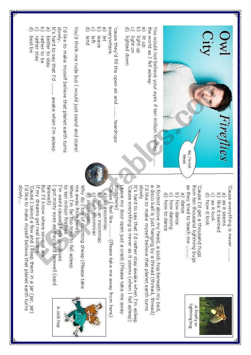 Owl city - Fireflies worksheet