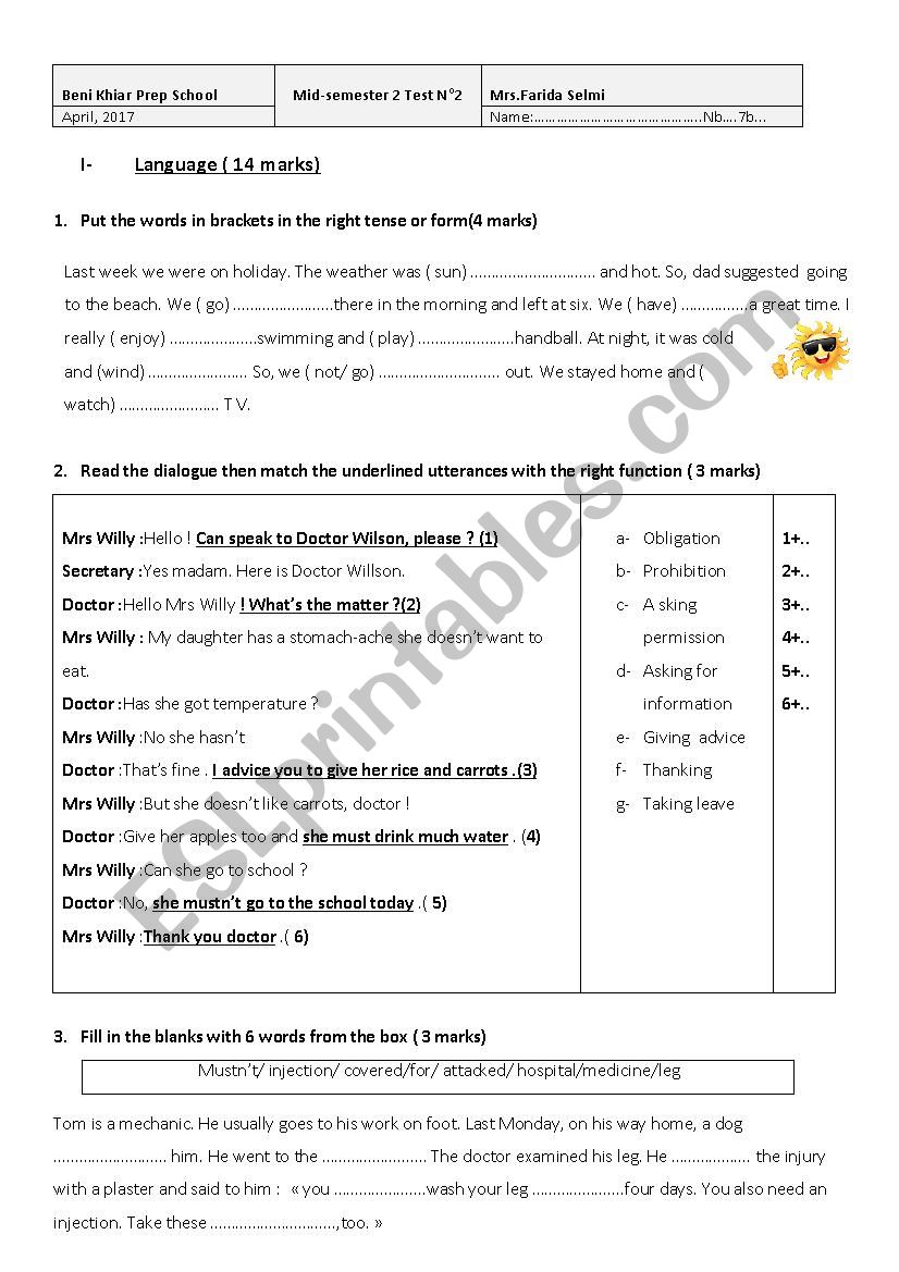 7th form test  worksheet