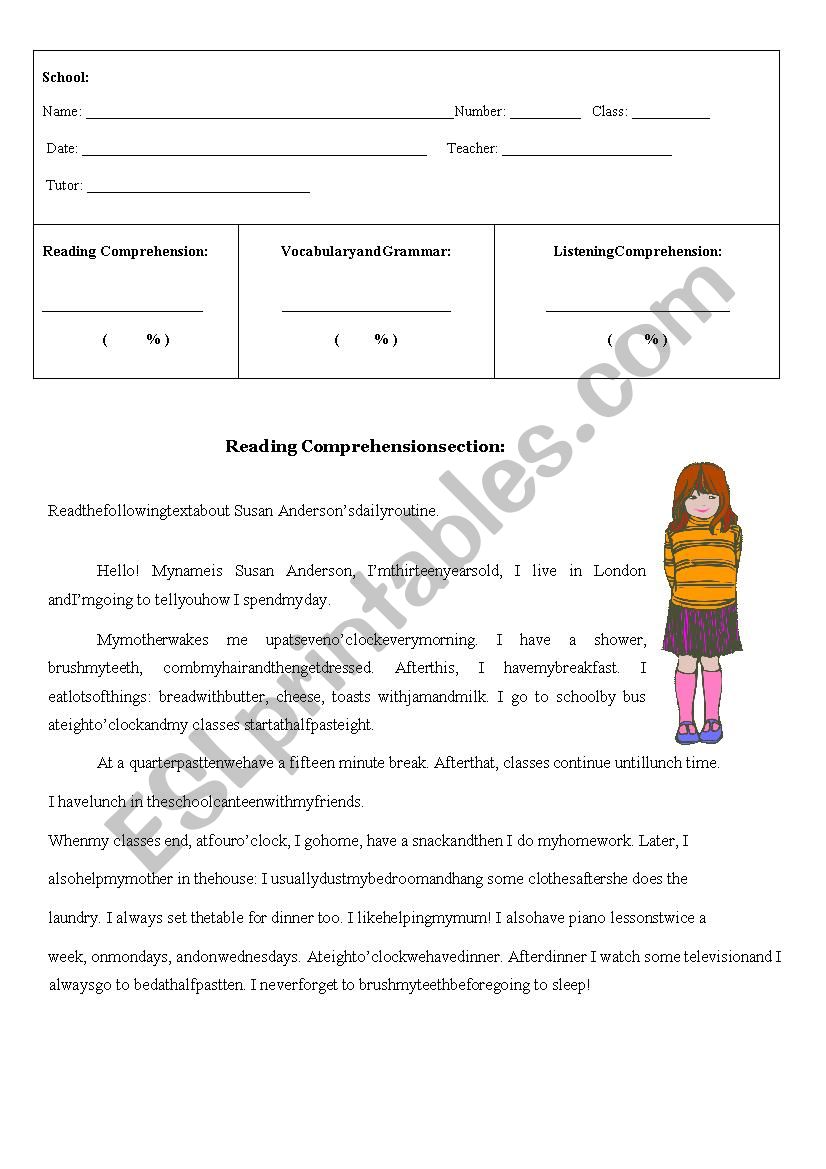 Reading comprehension and vocabulary test about daily routine