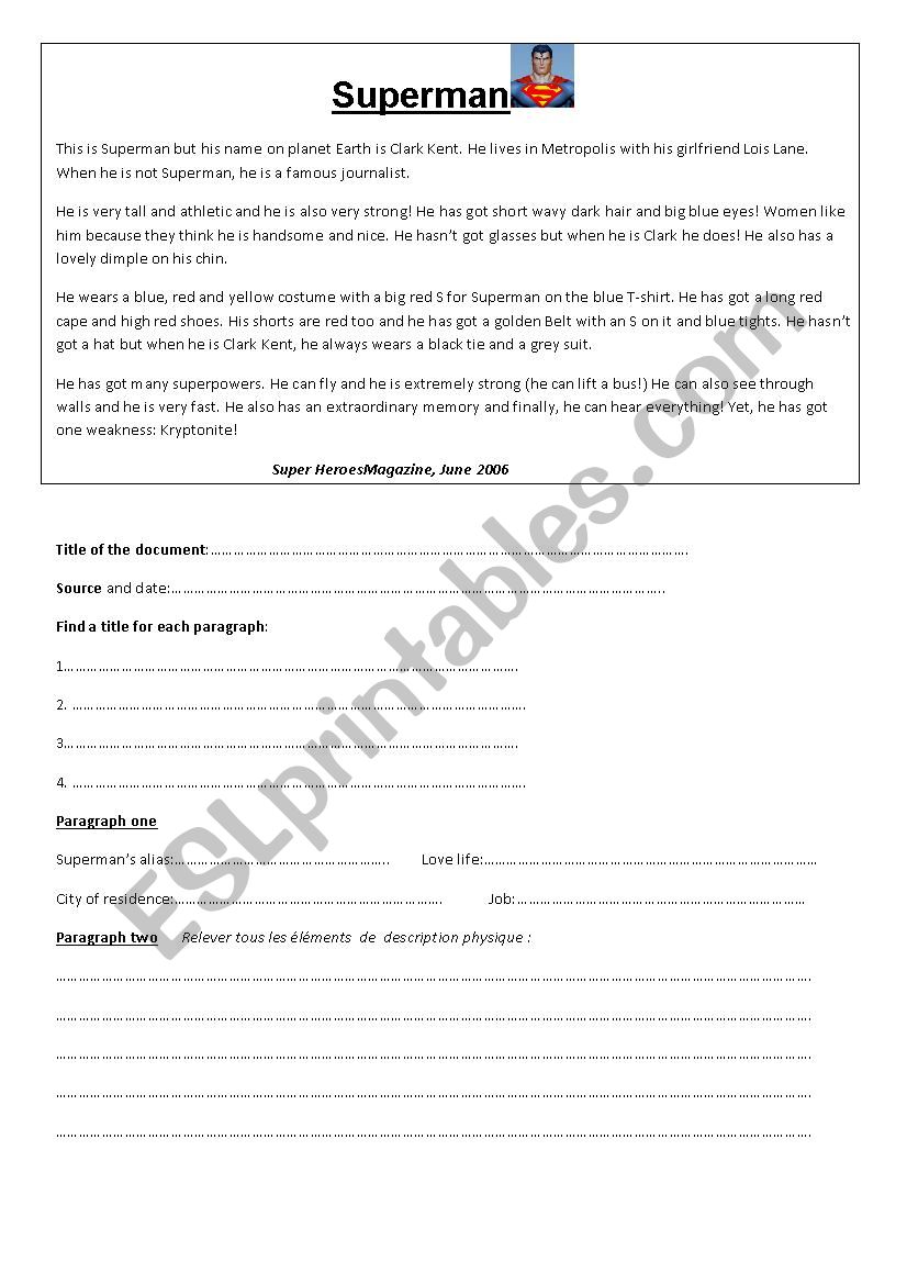 Superman Reading activity worksheet