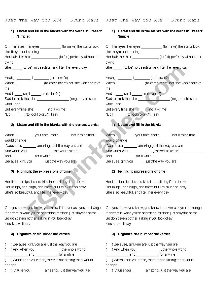 Song Worksheet: Just The Way You Are by Bruno Mars