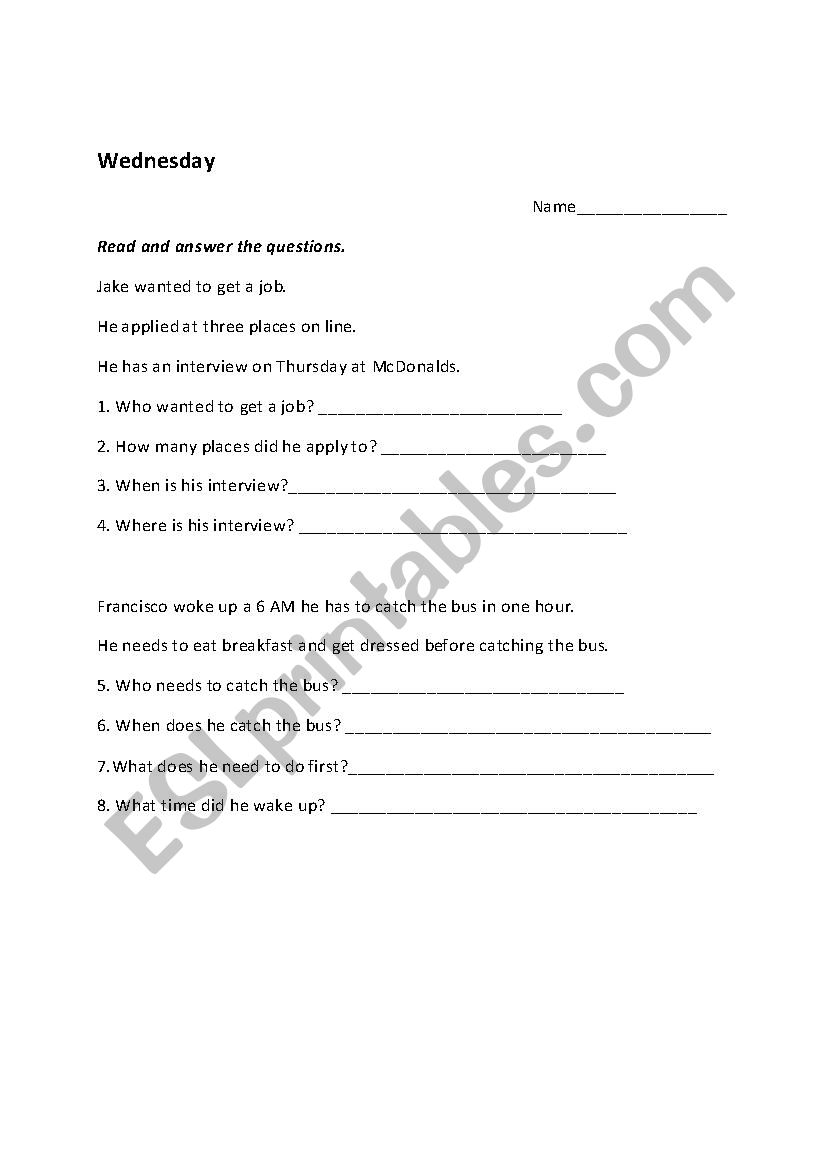 Reading comprehension worksheet