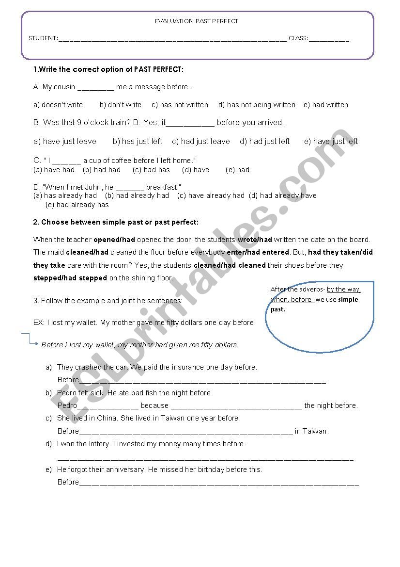 test past perfect worksheet