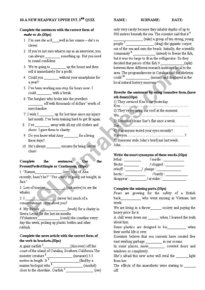 Upper Intermediate Exam worksheet