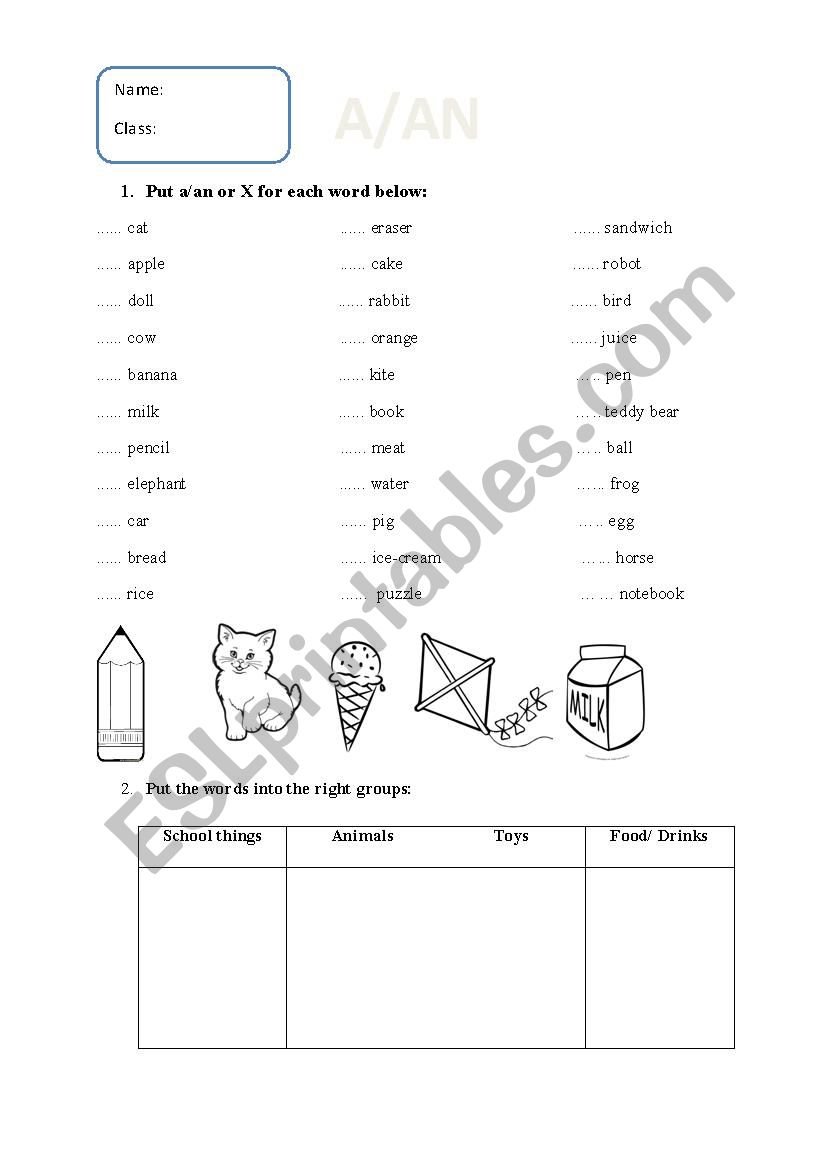 A/An Revision worksheet