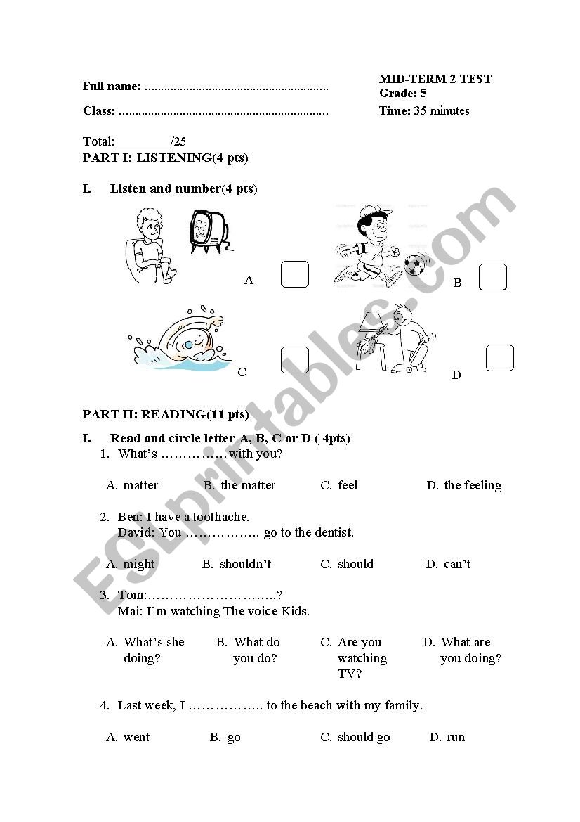 Grade 5 Mid-term test worksheet