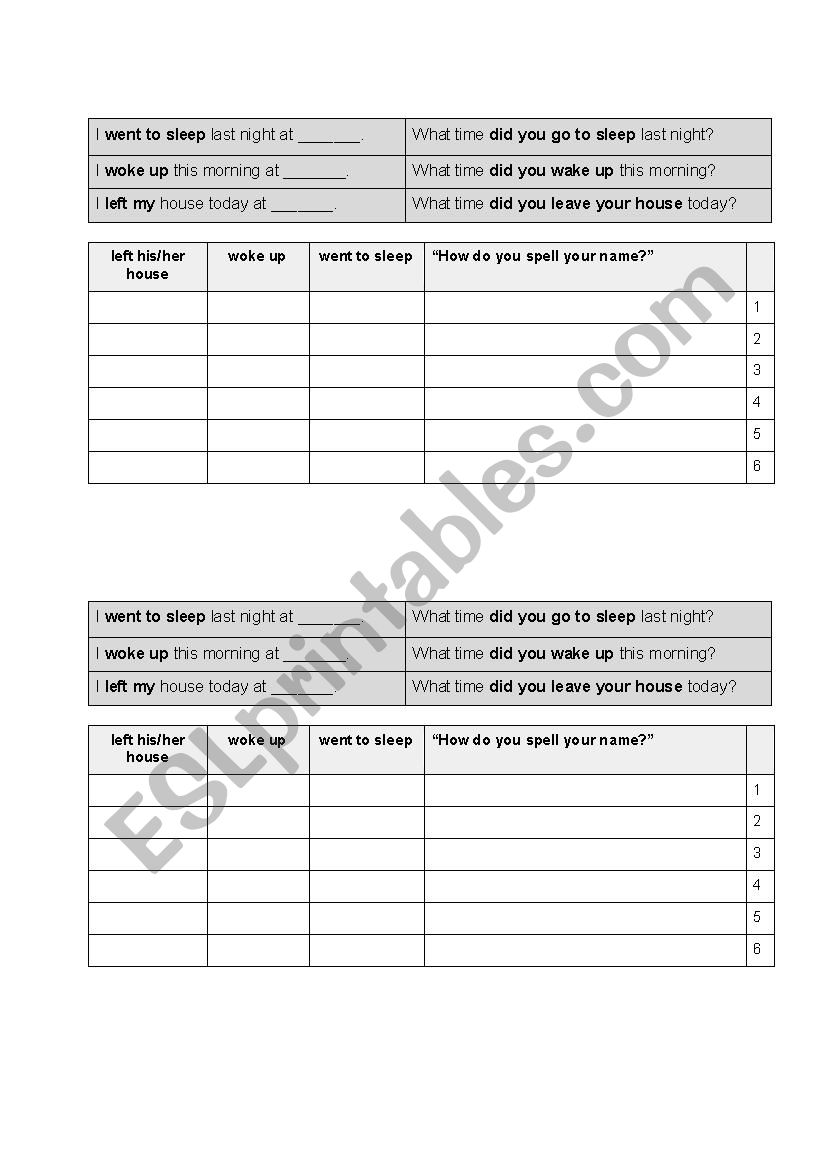 At what time did you ...? worksheet