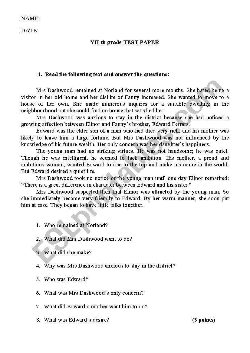 Seventh Grade Test Paper worksheet