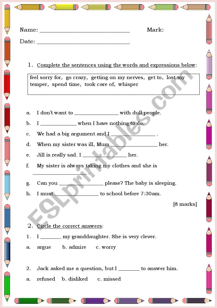 vocabulary test worksheet