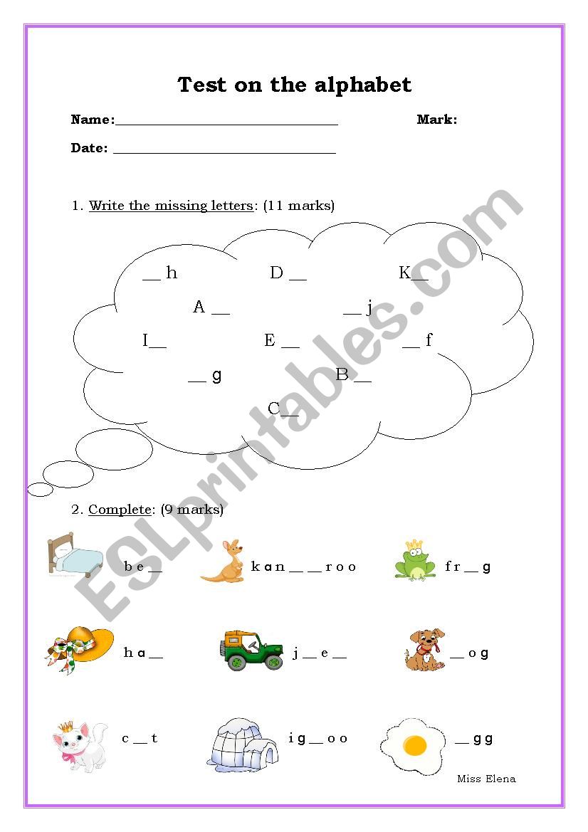 test on the alphabet (A-K) worksheet