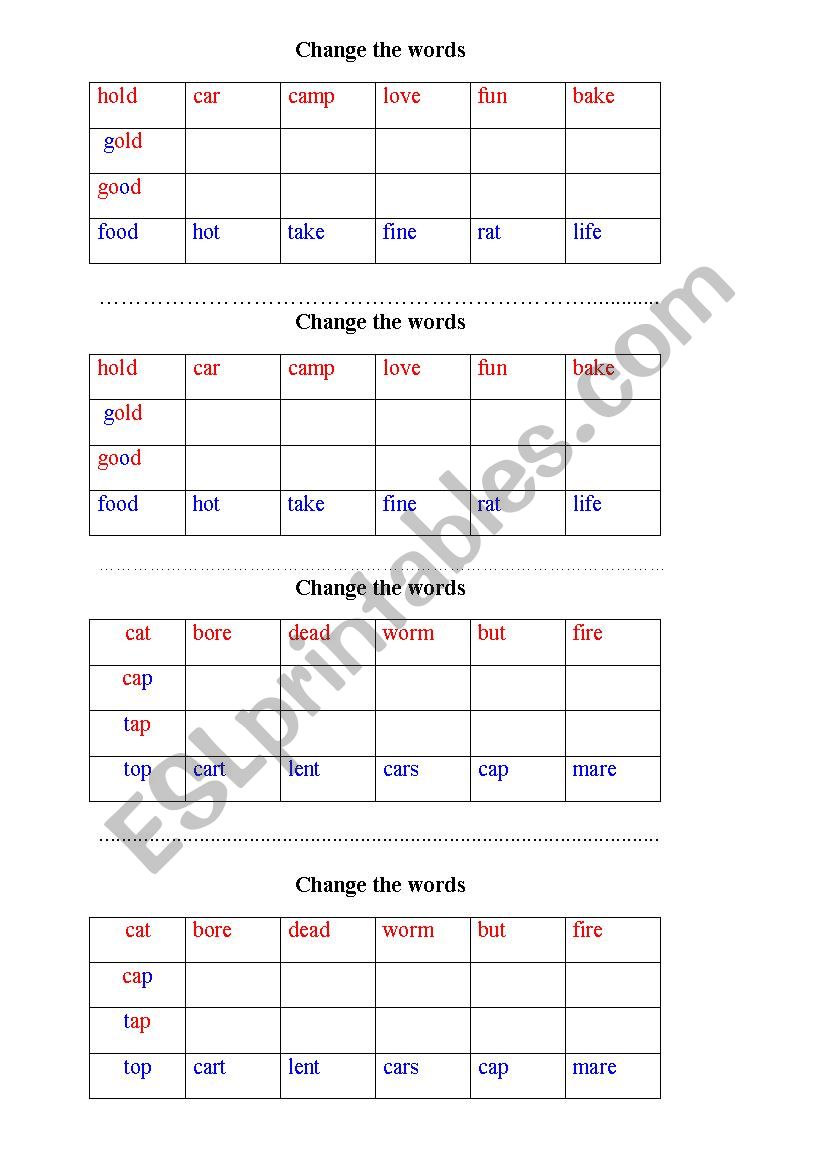 Change the word game worksheet