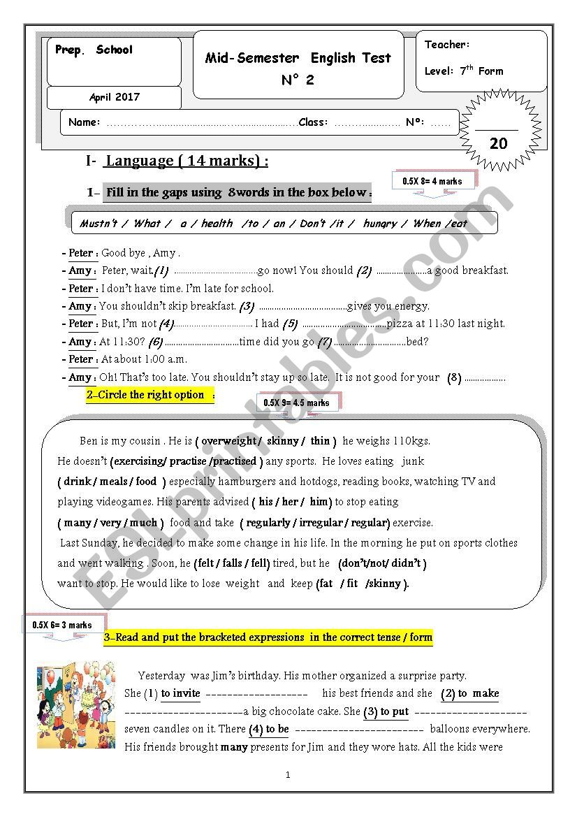 mid- semester test  version 2 worksheet