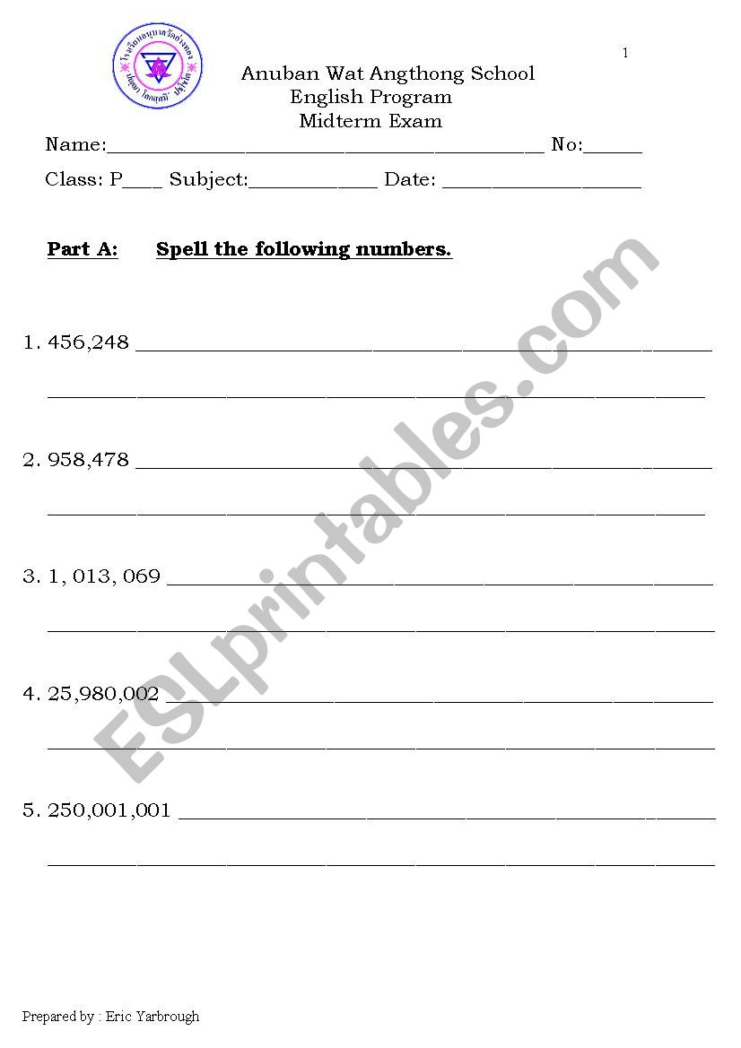 Math Exam worksheet