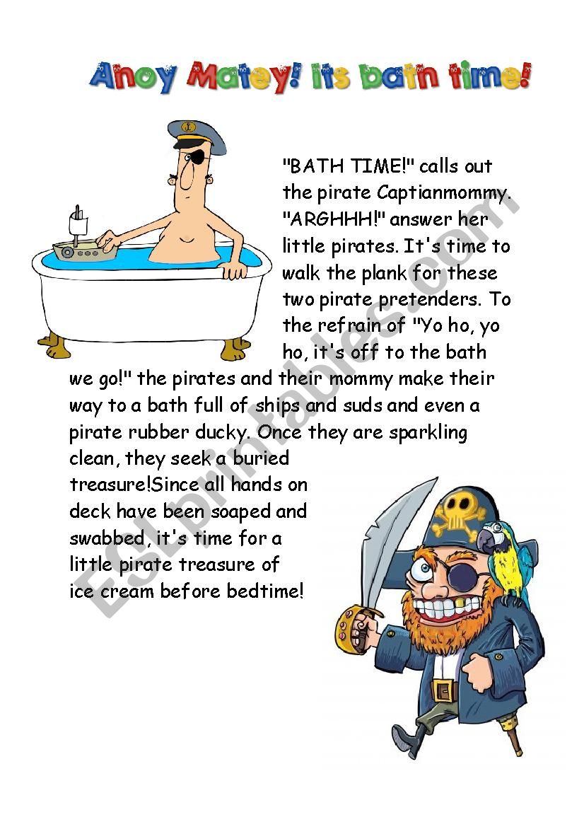 Taking a pirate bath. Reading and comprehension. Includes word sort. Part 2 Work sheet package.