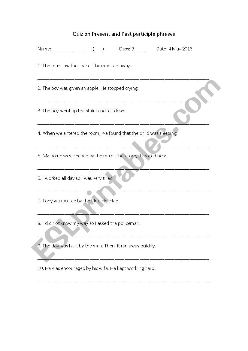 Present and past participle phrase exercise