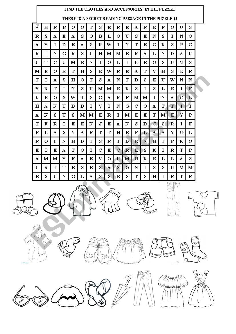 Clothes wordsearch puzzle worksheet