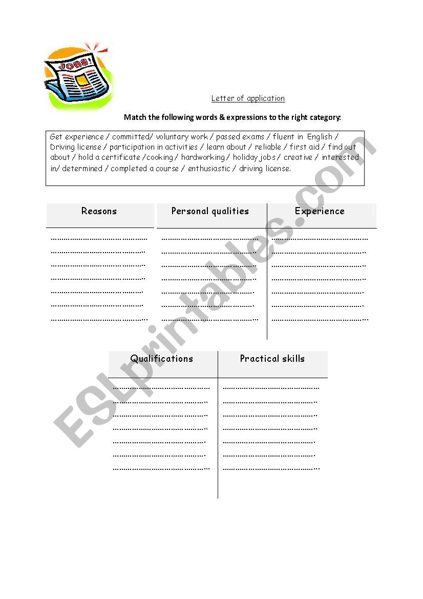 Matching Vocabulary required for writing a 