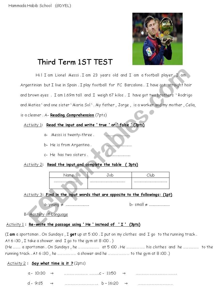 LIONEL MESSI EXAM worksheet