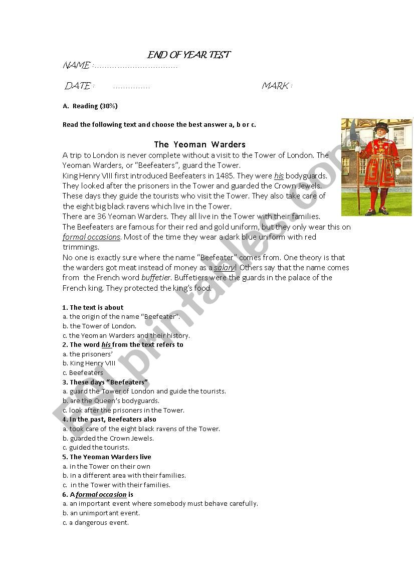 The  Yeoman  Warders worksheet