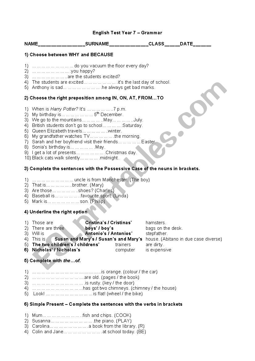 Grammar Test worksheet