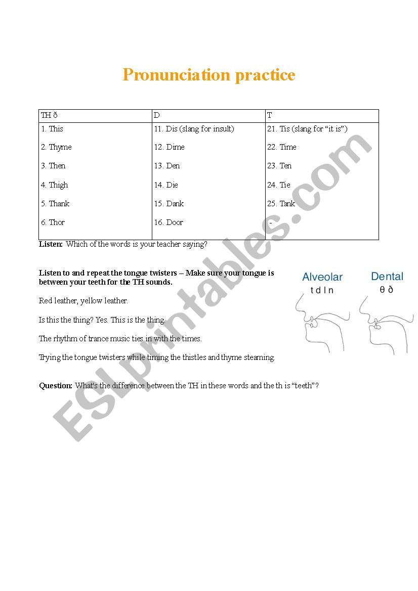 Practice pronouncing TH worksheet