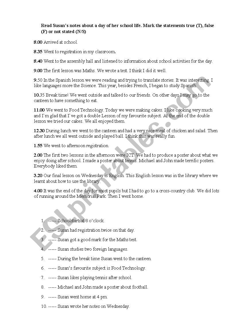 Reading comprehension worksheet