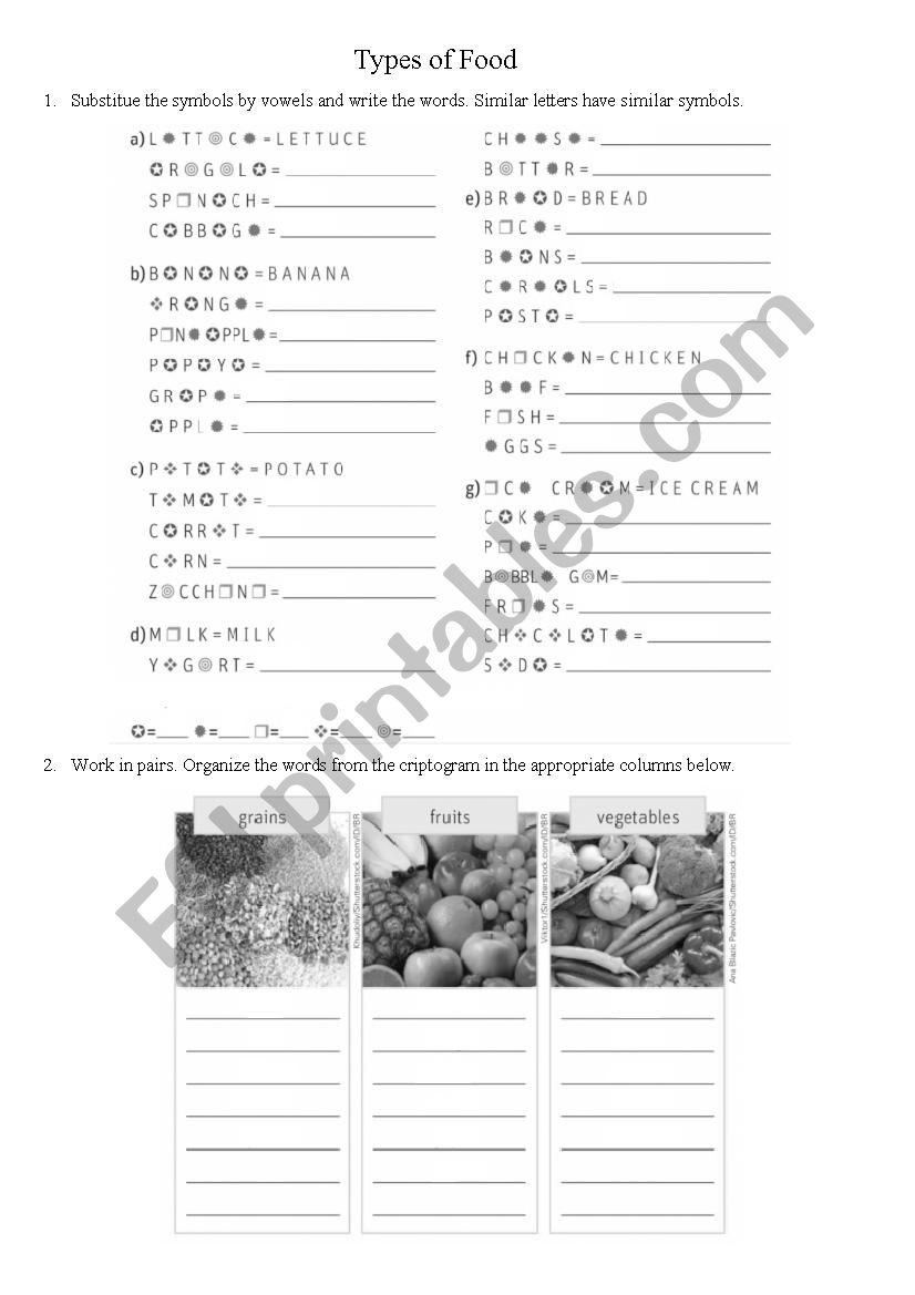 Types of food worksheet