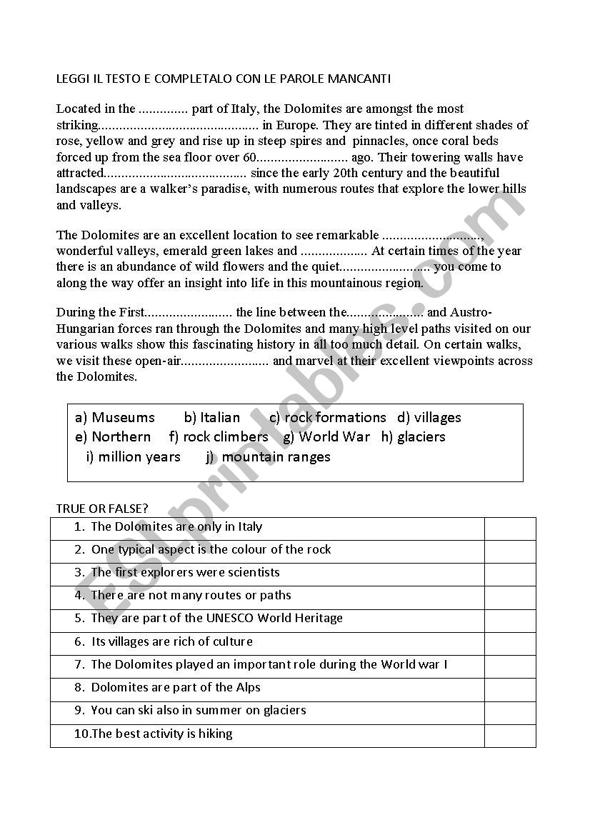 the Dolomites worksheet