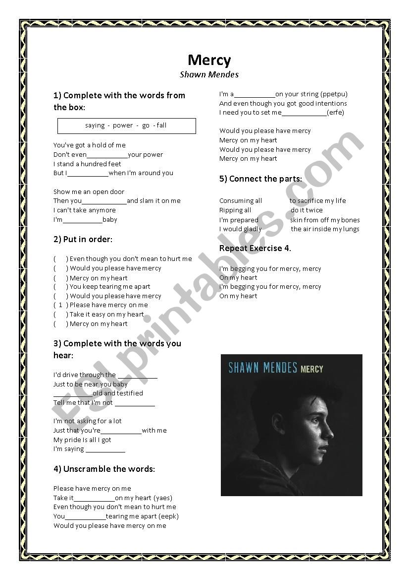 Mercy - Shawn Mendes worksheet