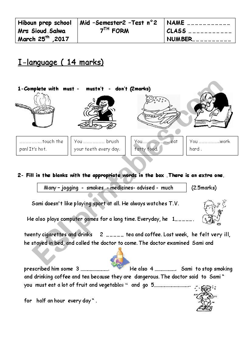 MID SEMESTER TEST 2  7TH FORM worksheet