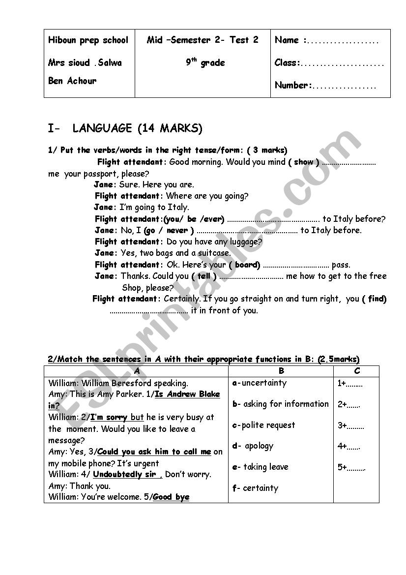  MID SEMESTER TEST 2  9TH GRADE
