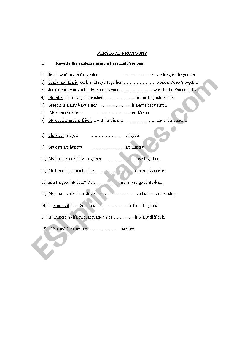 personal pronouns worksheet