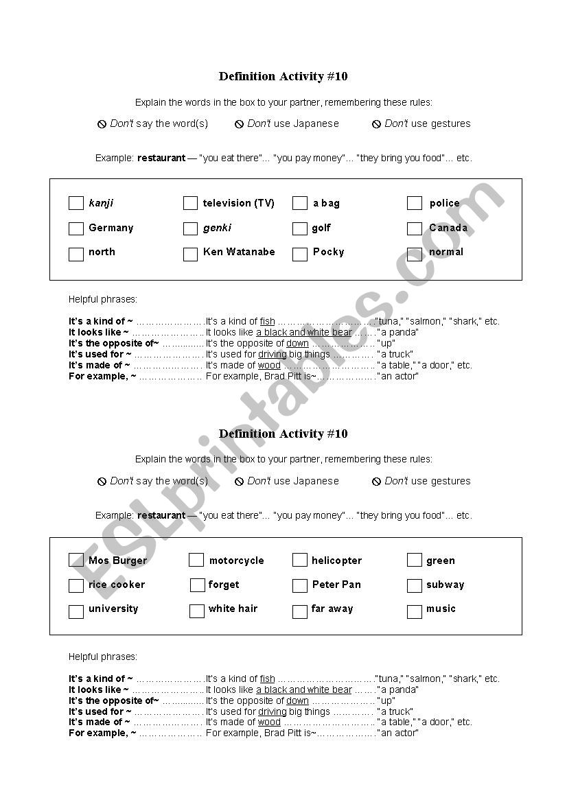 Vocabulary activity #10 worksheet