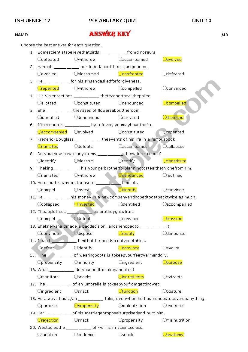 	Influence 12 Unit 10 Vocabulary Quiz