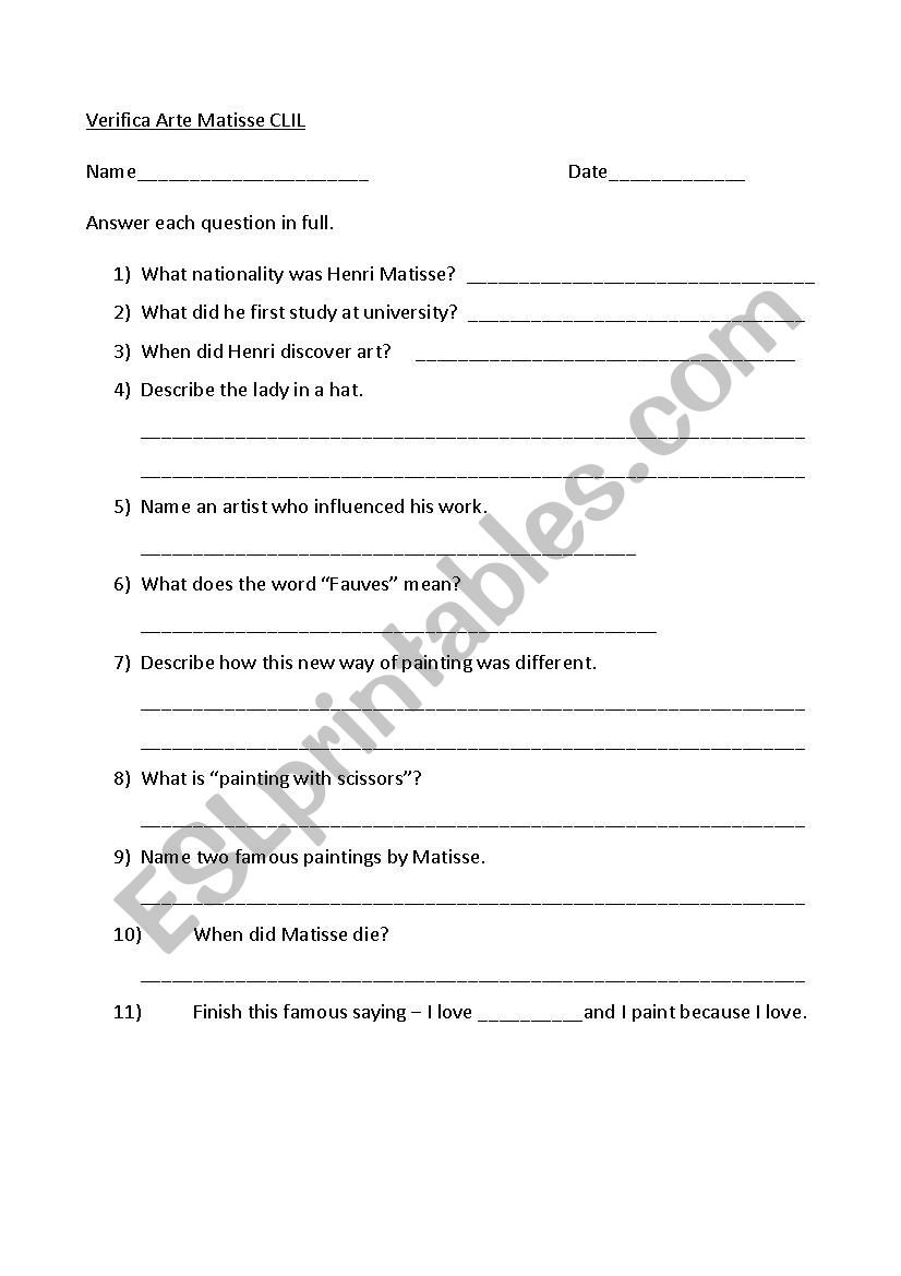 Matisse art test worksheet