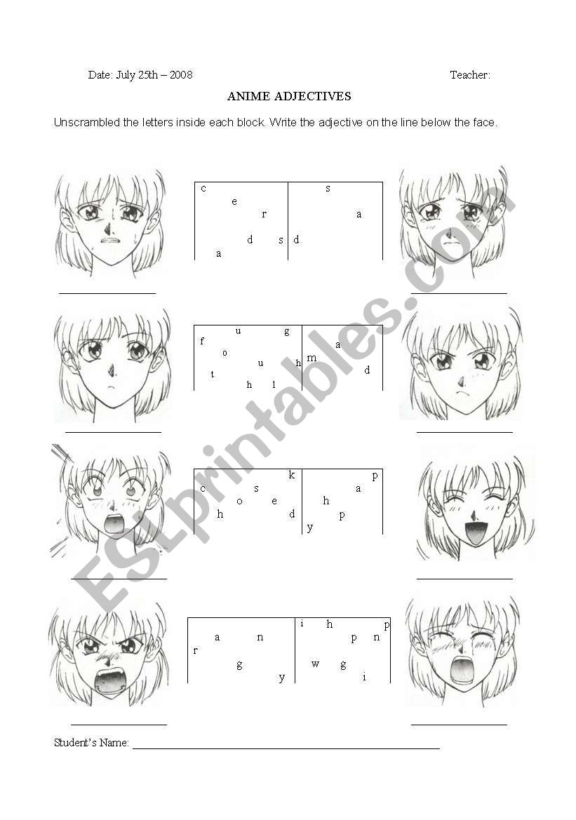 anime adjectives worksheet