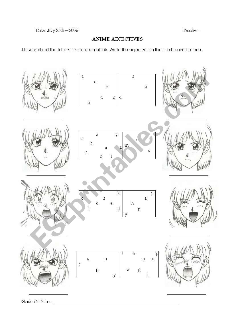 anime adjectives worksheet