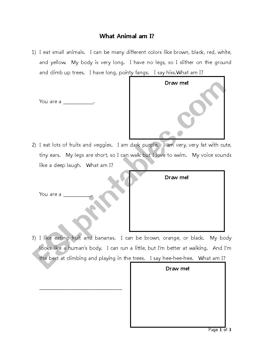 What Animal am I? Zoo Animals worksheet