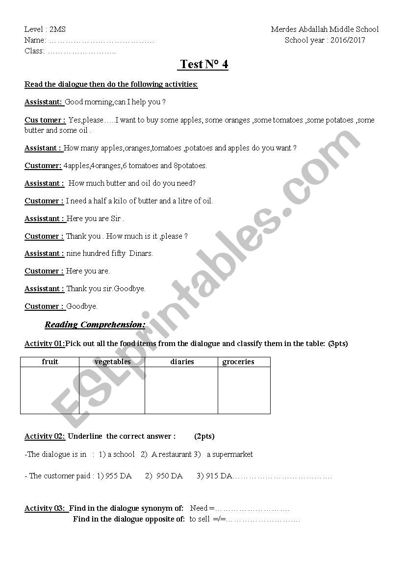 at the supermarket worksheet