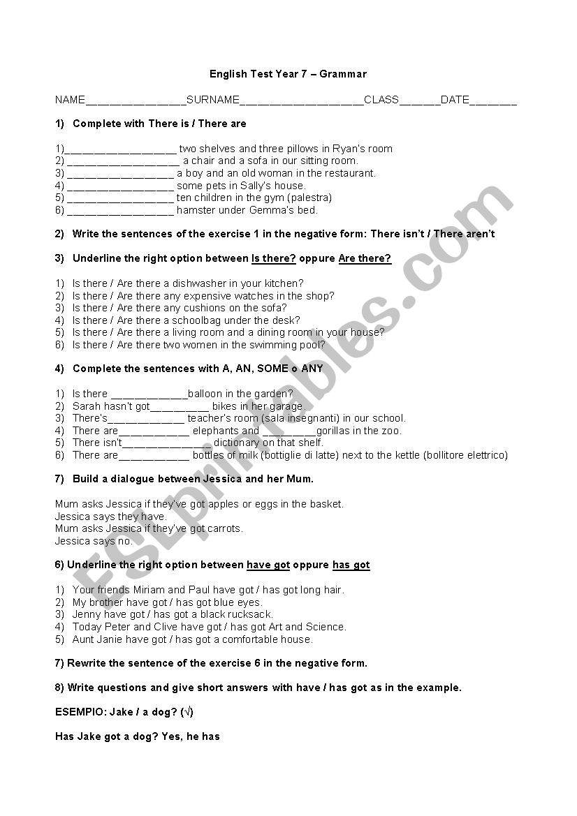 Grammar Test worksheet