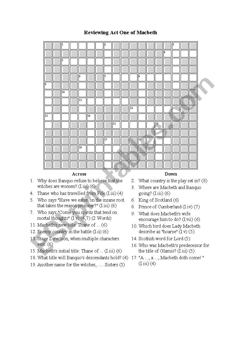 Macbeth Crosseord Puzzle worksheet