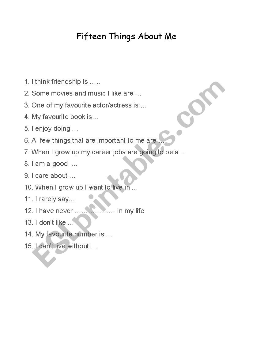 Fifteen things about me worksheet