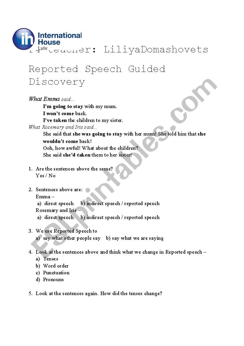 Reported speech Guided Discovery (sentences) 
