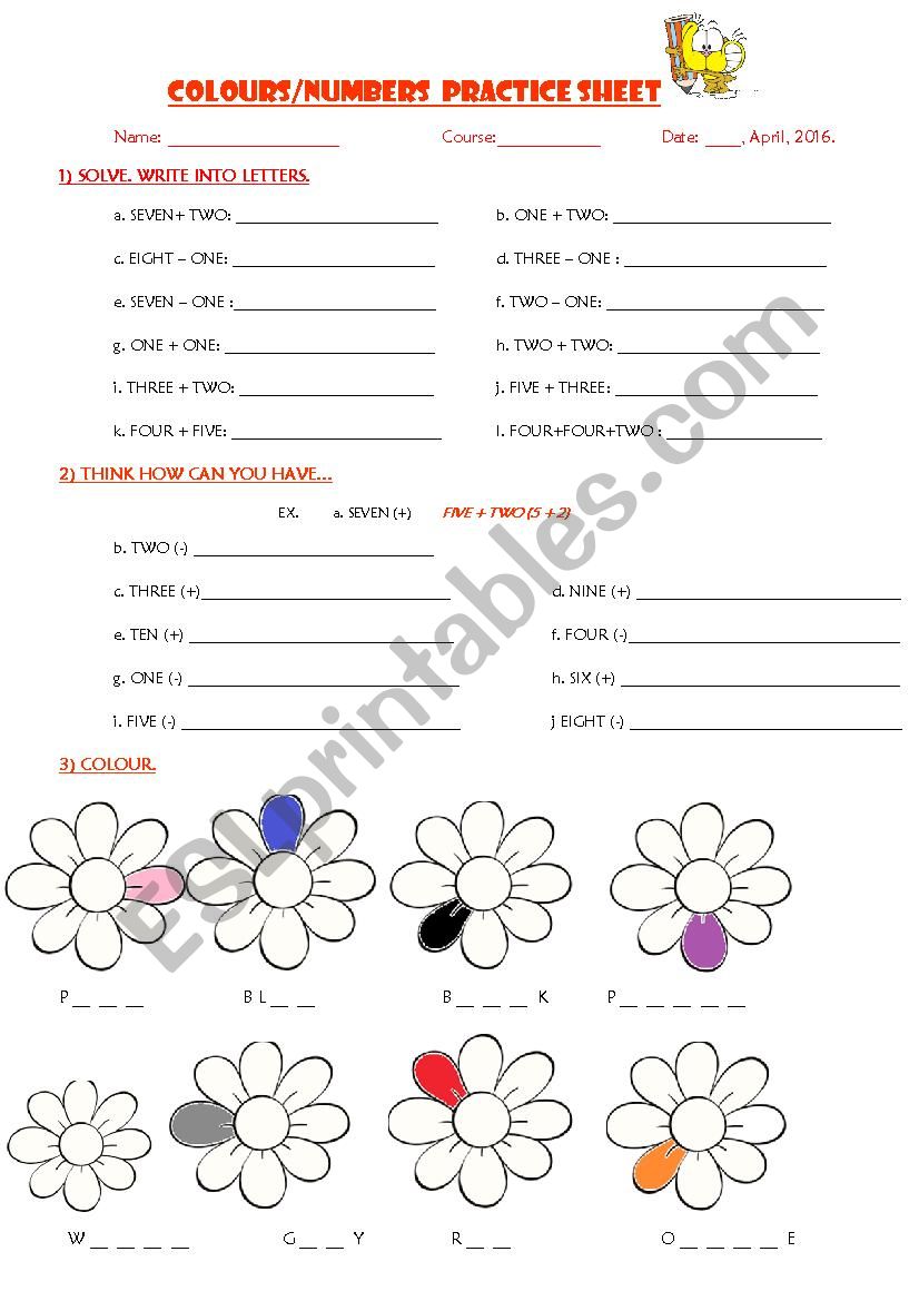 Colour and numbers practice sheet