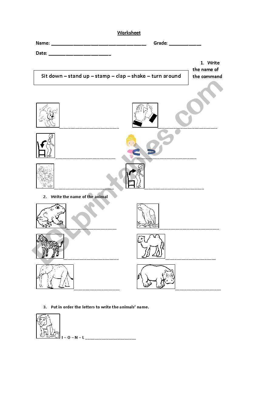 Study Worksheet - Animals, commands, and adjectives