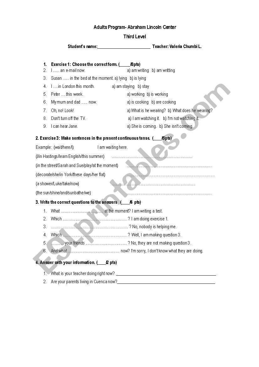 Present continuous quiz worksheet