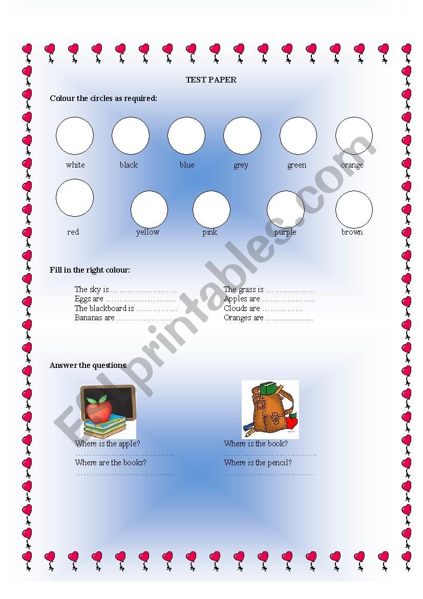 Second grade test paper - ESL worksheet by danielle20