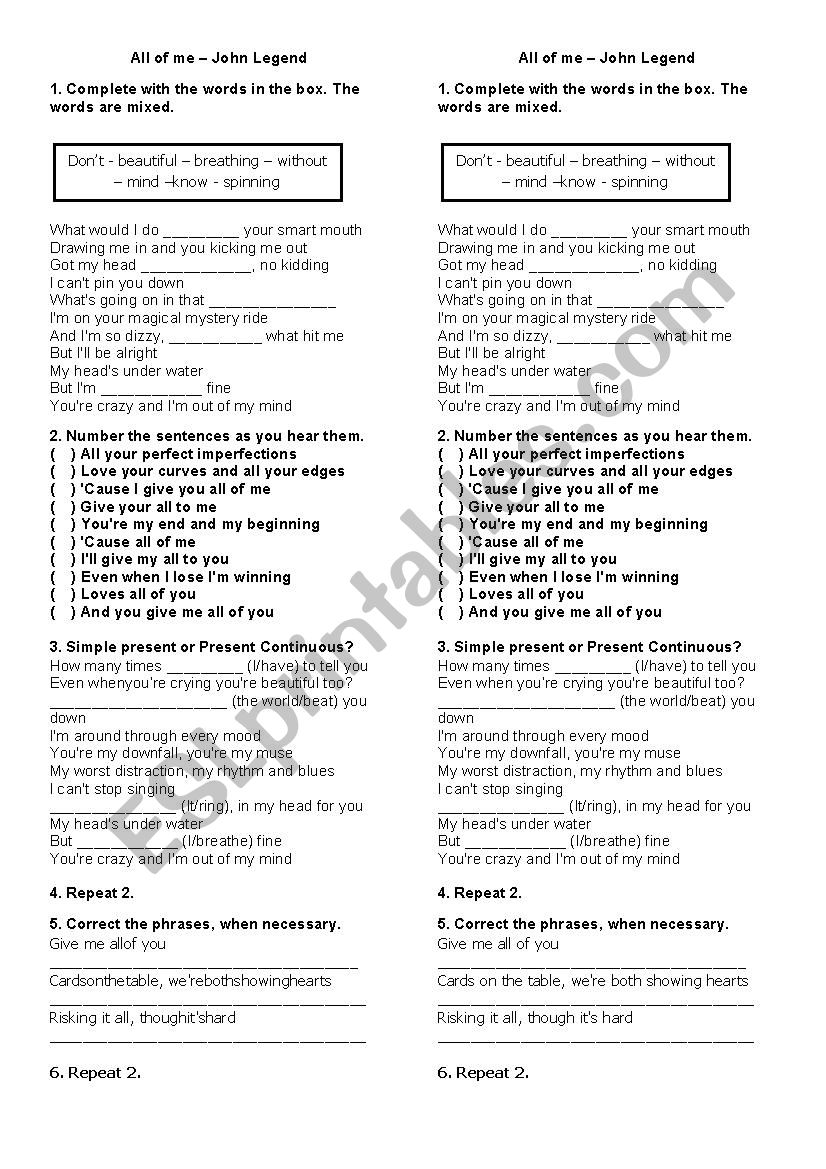 All of me - John Legend worksheet