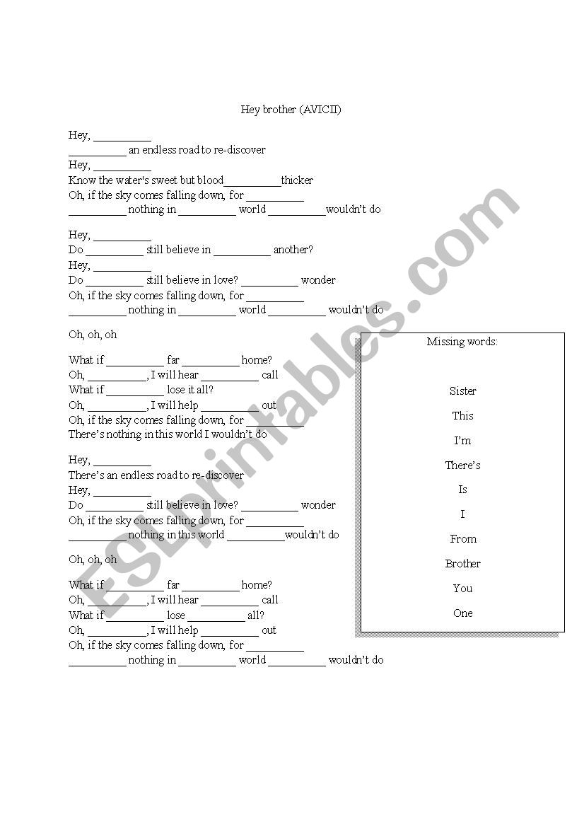 Hey Brother Song  worksheet