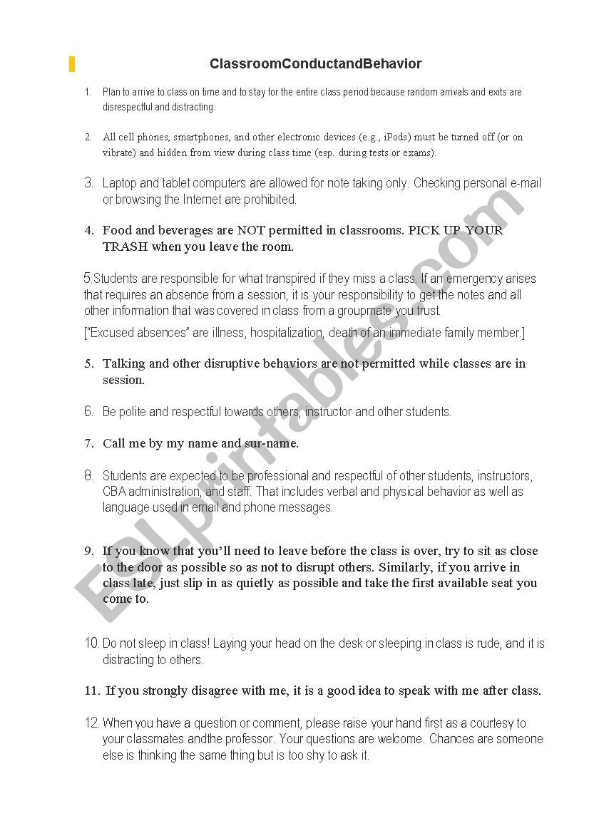 Classroom Behaviour Guide worksheet